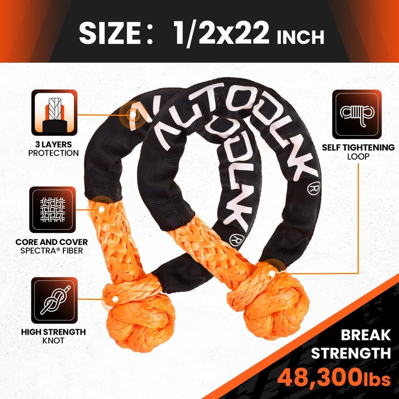 AUTODUNK 1-1/8" x 30' Kinetic Recovery Tow Rope (48,600lbs), with 2 Soft Shackles Offroad Recovery Kit for 4WD Pick Up Truck, SUV, ATV, UTV (Orange) - Image 4